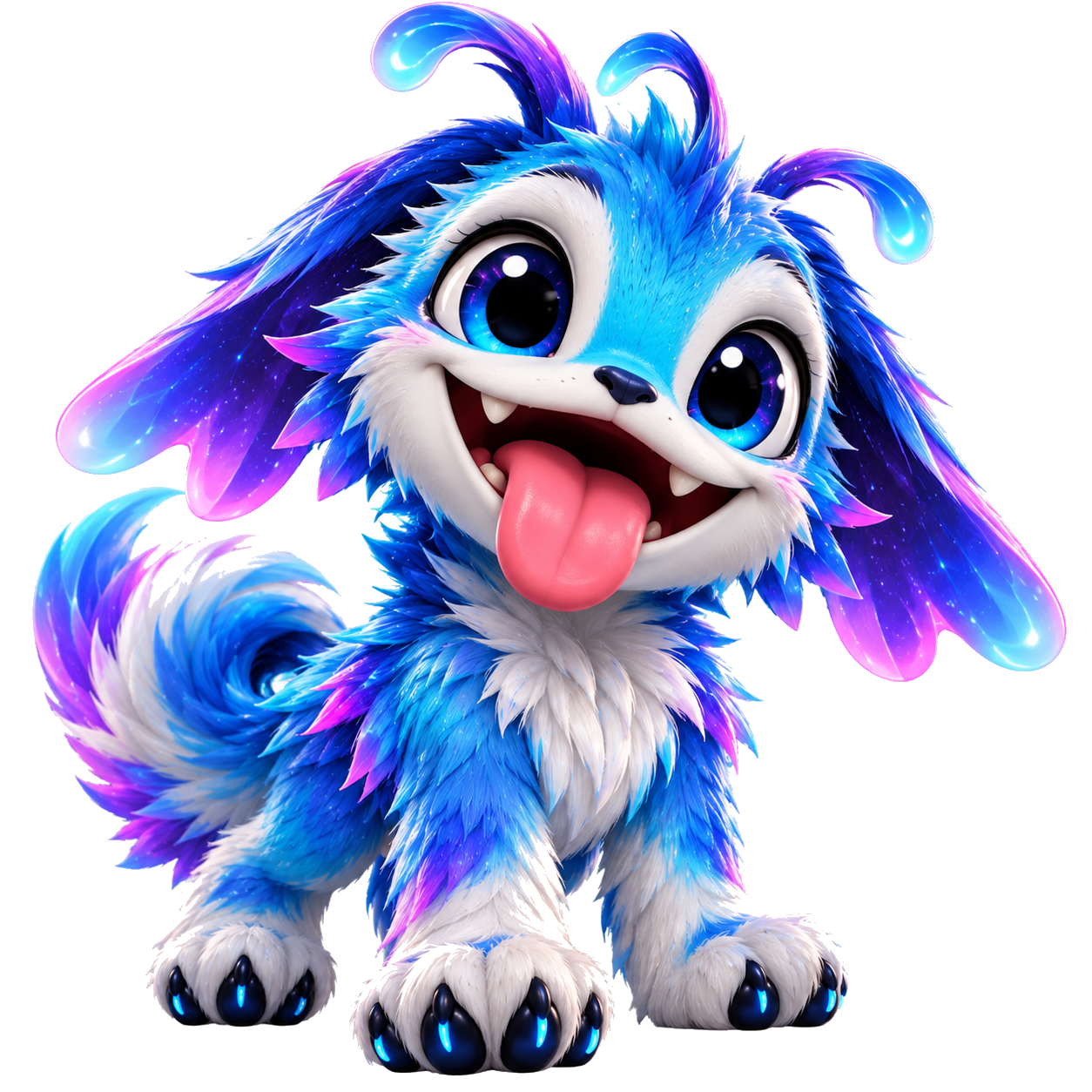 Full-body portrait of Zynko, a playful blue and violet cosmic creature